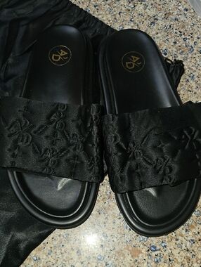 After Dark Black Satin Hard Bottom Slides with Embroidered Detail - Size 41